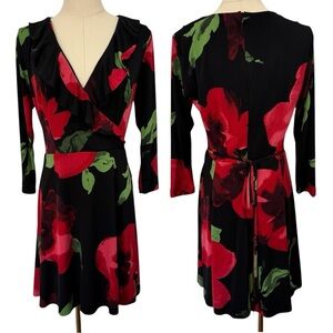 Le Chateau Floral Wrap Dress Sz M Black Red Sexy Dancing Cocktail Party EUC!